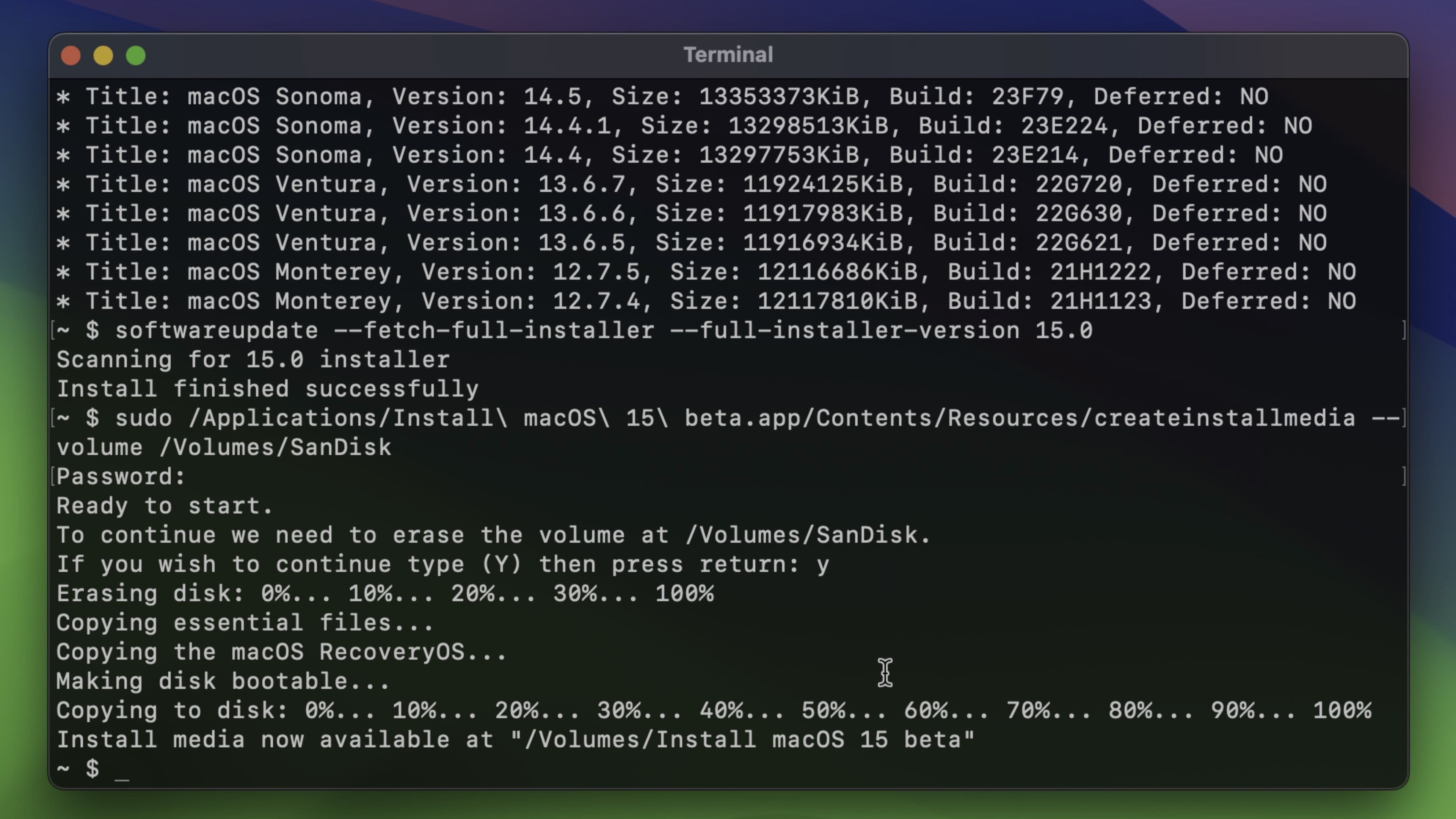 disque d'installation USB createinstallmedia terminé pour macOS Sequoia