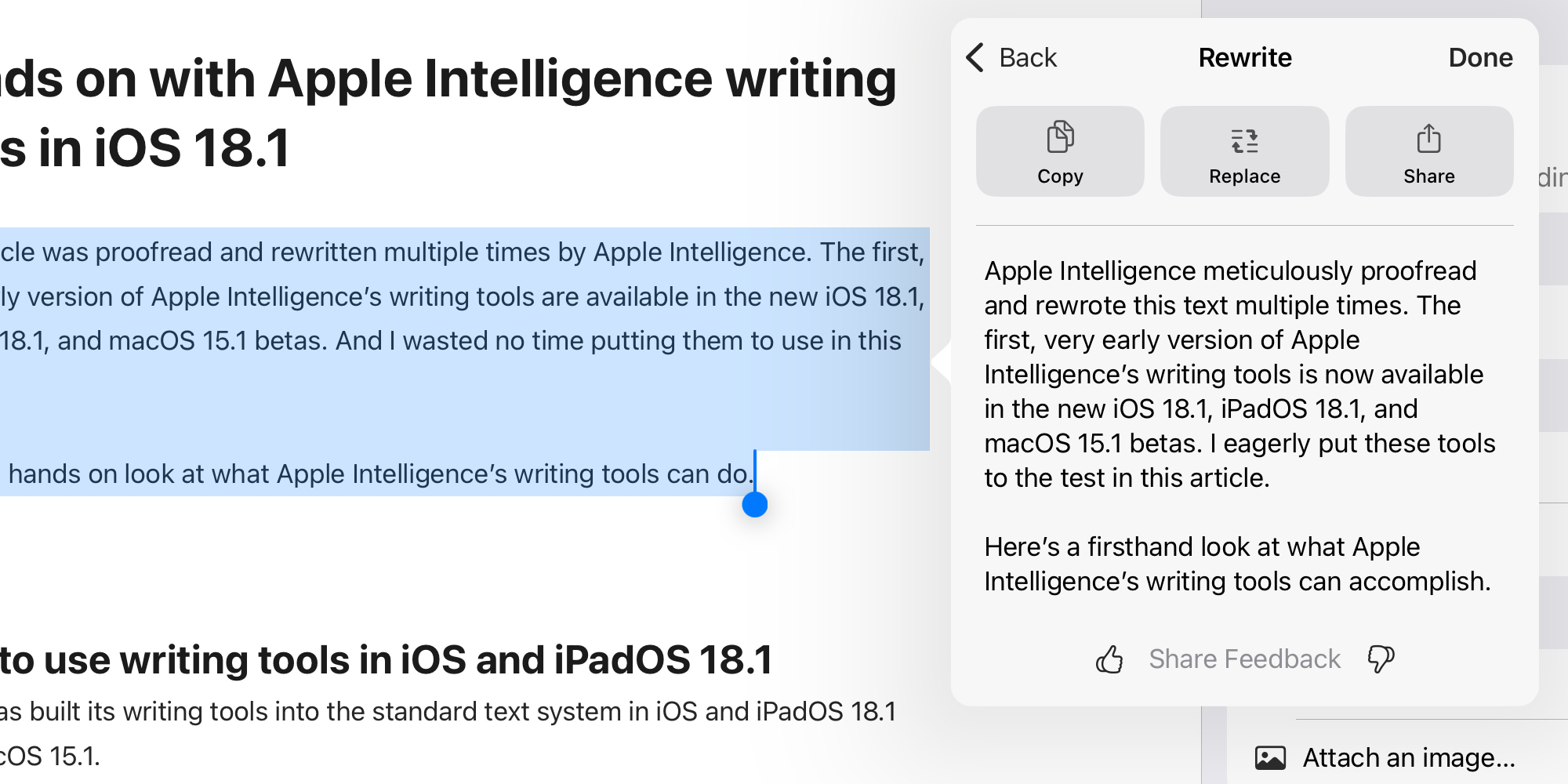 Pratique des outils d'écriture Apple Intelligence dans iOS 18.1 3 Proposition de réécriture d'Apple Intelligence