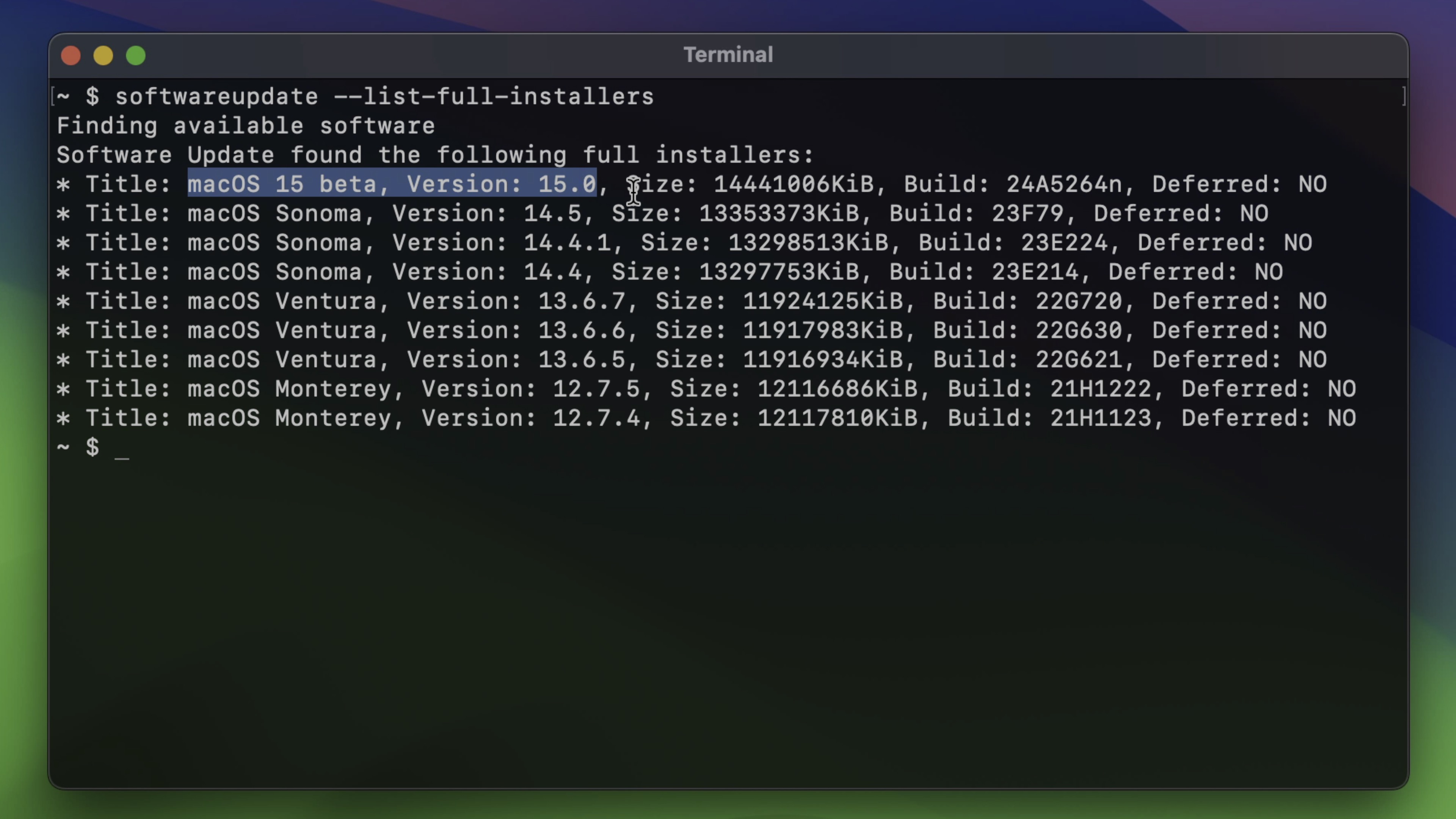 liste complète des terminaux de mise à jour du logiciel pour macOS Sequoia