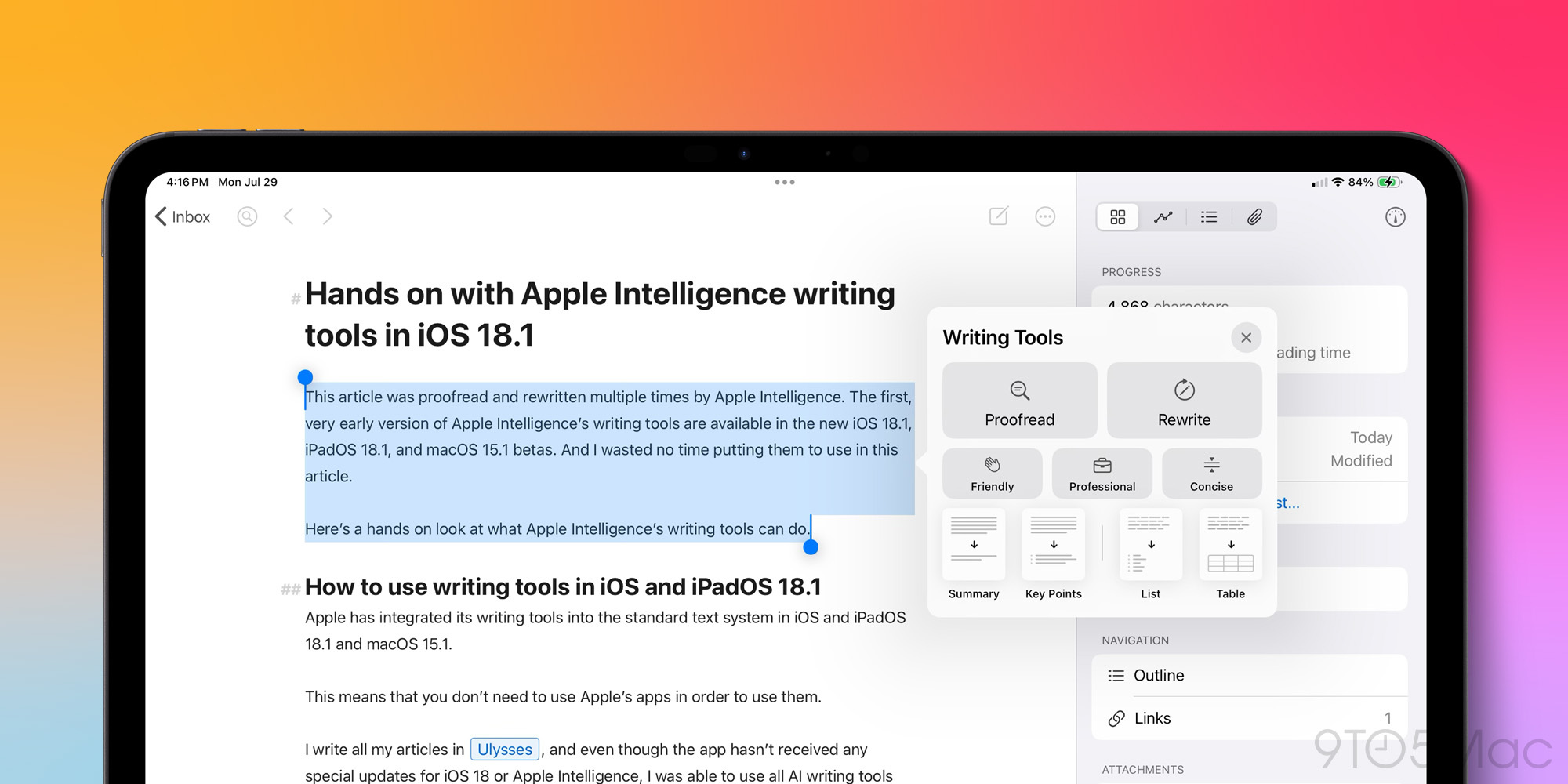 Outils d'écriture Apple Intelligence dans iPadOS 18.1