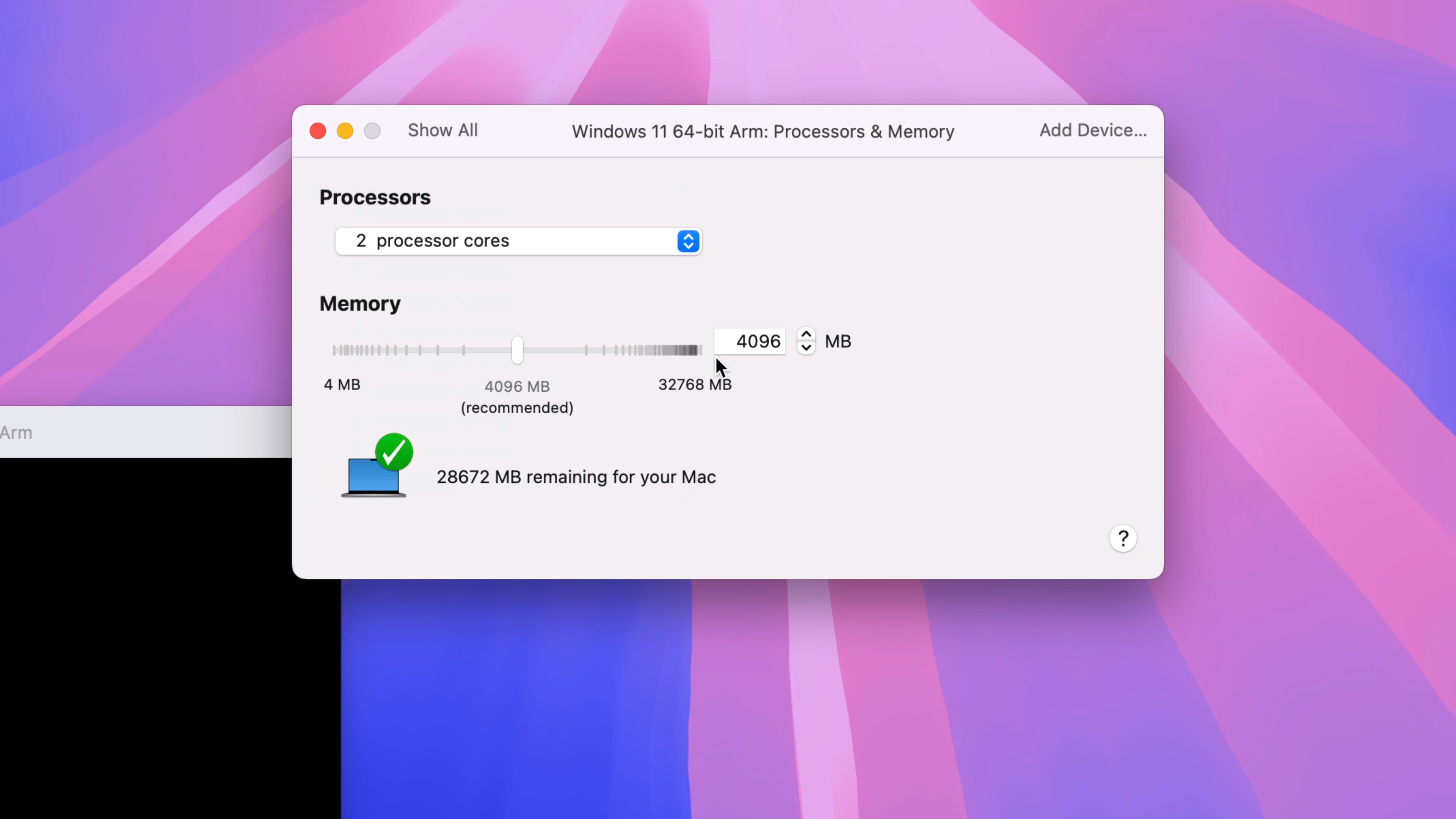 Windows 11 sur Mac avec VMware Fusion Pro gratuit - Processeurs et mémoire