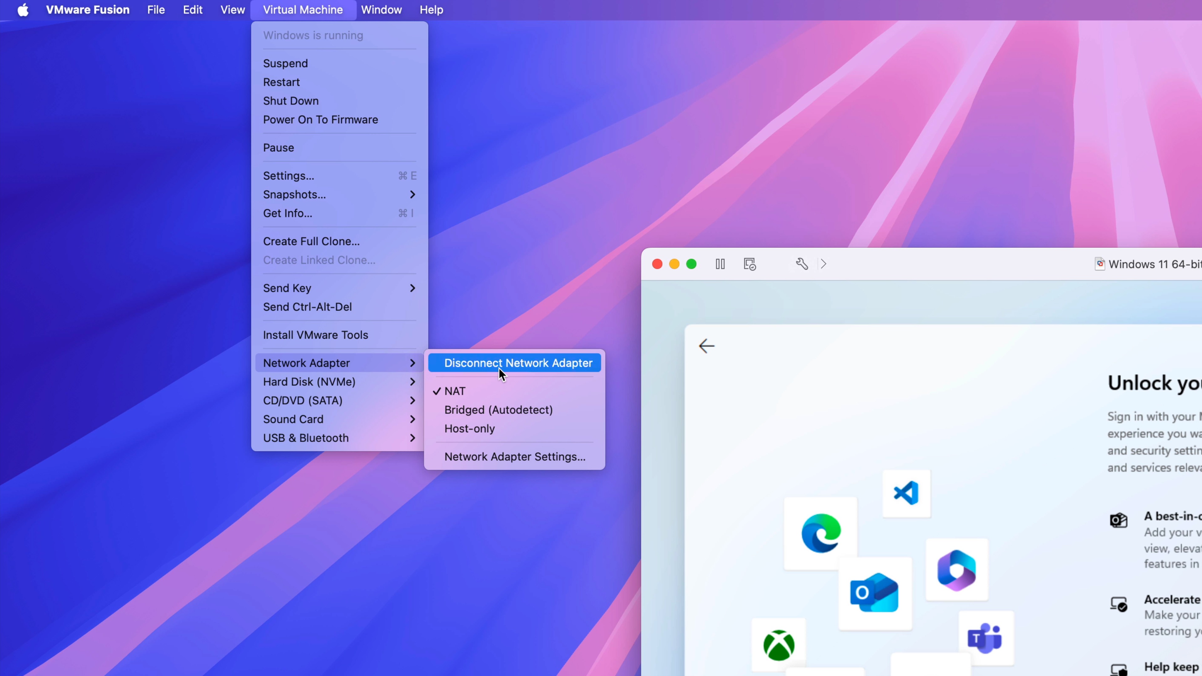 Windows 11 sur Mac avec VMware Fusion Pro gratuit - Désactiver l'adaptateur réseau