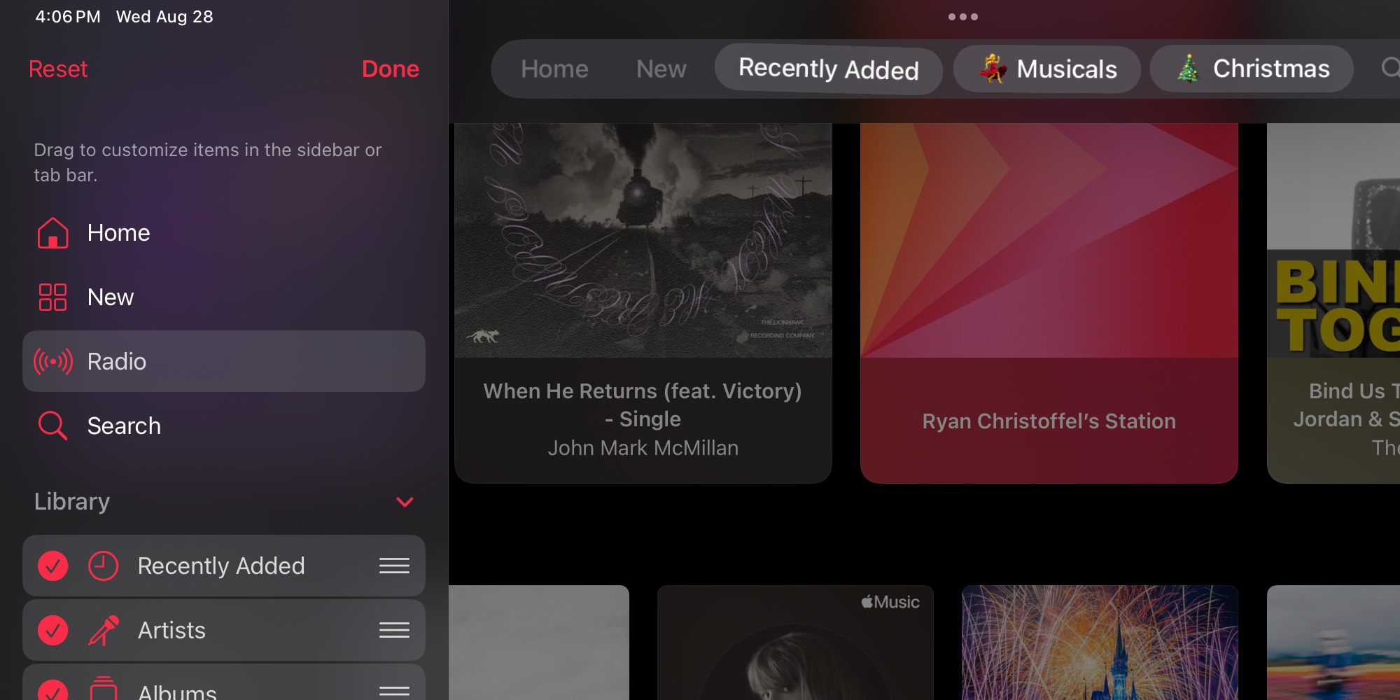 Personnalisation de la barre d'onglets de l'application Musique dans iPadOS 18