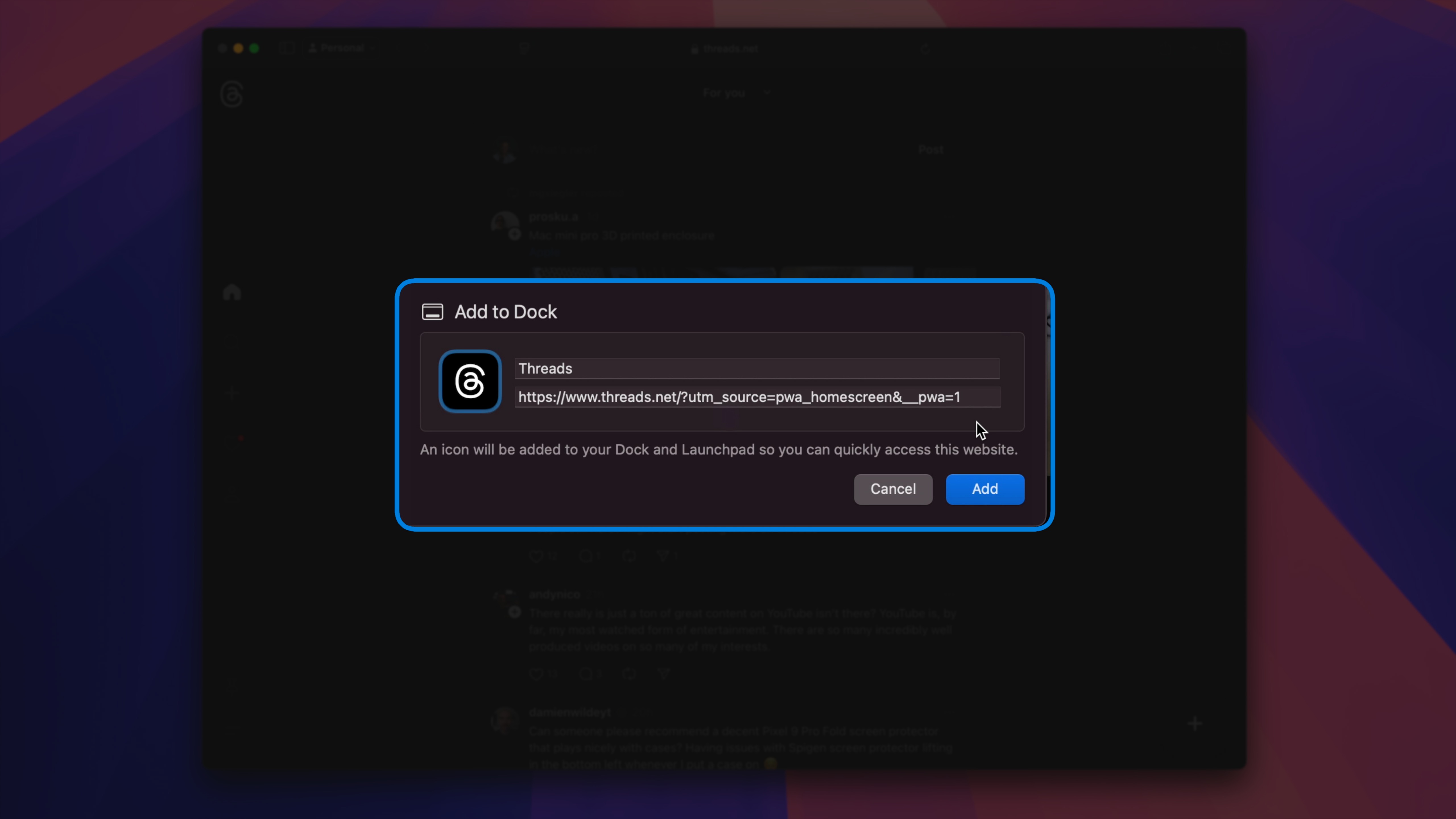 Ajouter une application web au dock dans macOS Sequoia.