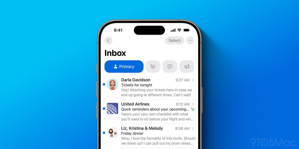 Nouvelle interface de l'application Mail dans iOS 18.2