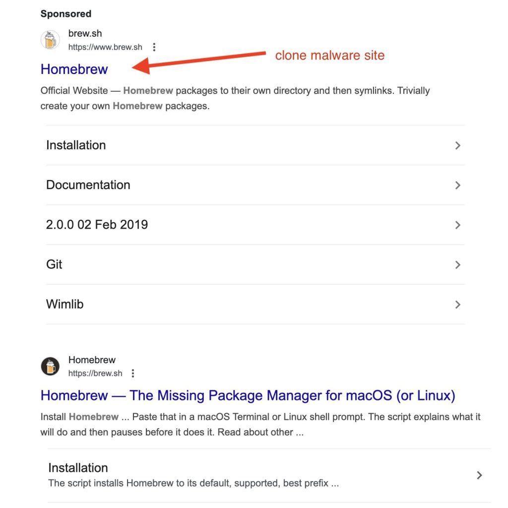Malware et Google Ads : comment les hackers poursuivent leur stratégie malicieuse 3 Fake Homebrew Google ad site malicious malware security