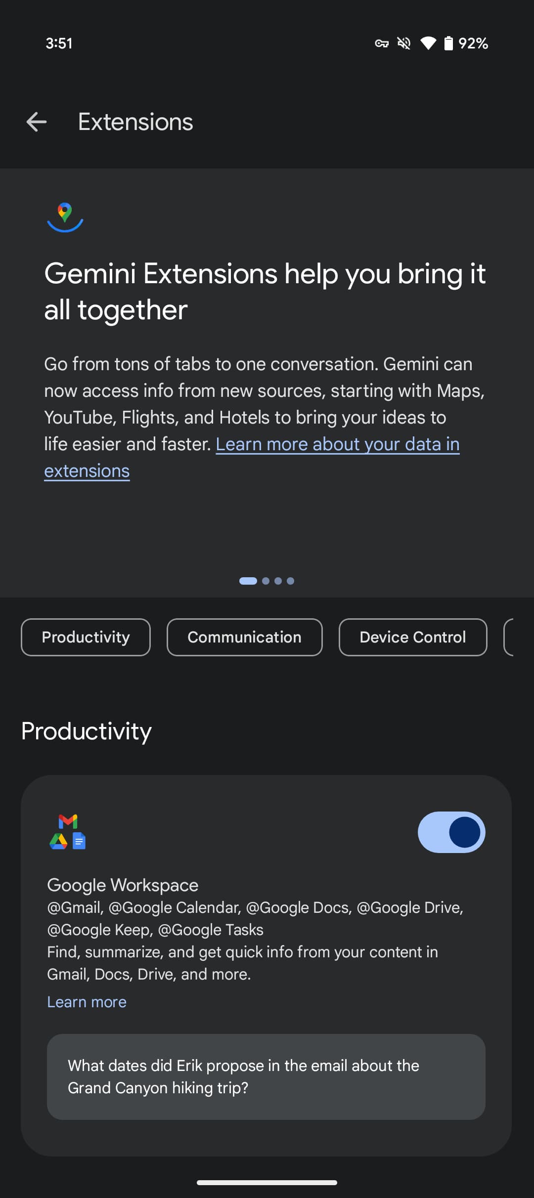 Filtres d'extensions Gemini sur mobile