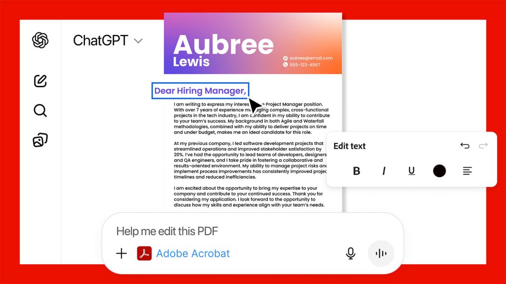 Interface Adobe Acrobat dans ChatGPT