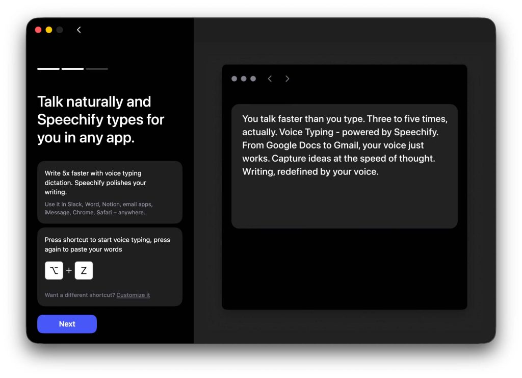Nouvelle app Speechify pour Mac redigez cinq fois plus