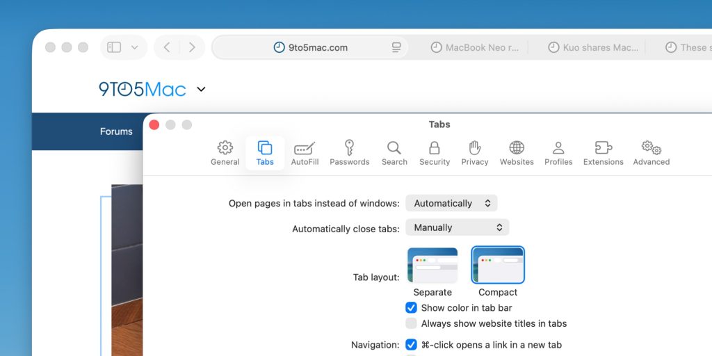 Barre d'onglets compacte Safari macOS 26.4