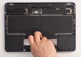 Inside MacBook Neo shows a little computer and a lot of battery, speakers, and trackpad