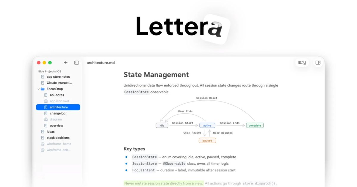 Bear app developers announce Lettera, a beautiful Markdown editor for Mac