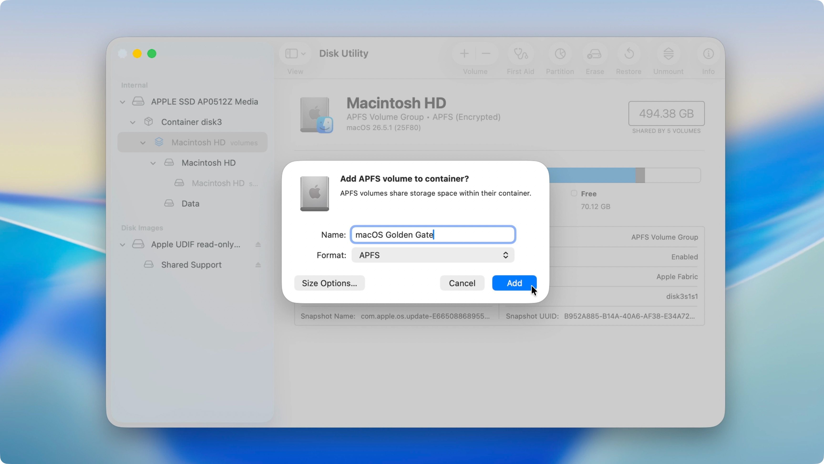 Création d'un volume APFS pour macOS Golden Gate