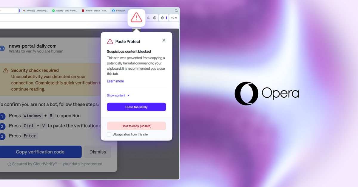 La nouvelle fonction Paste Protect d'Opera bloque les commandes suspectes copiées des sites 6 Opera’s new Paste Protect feature blocks suspicious commands copied from websites