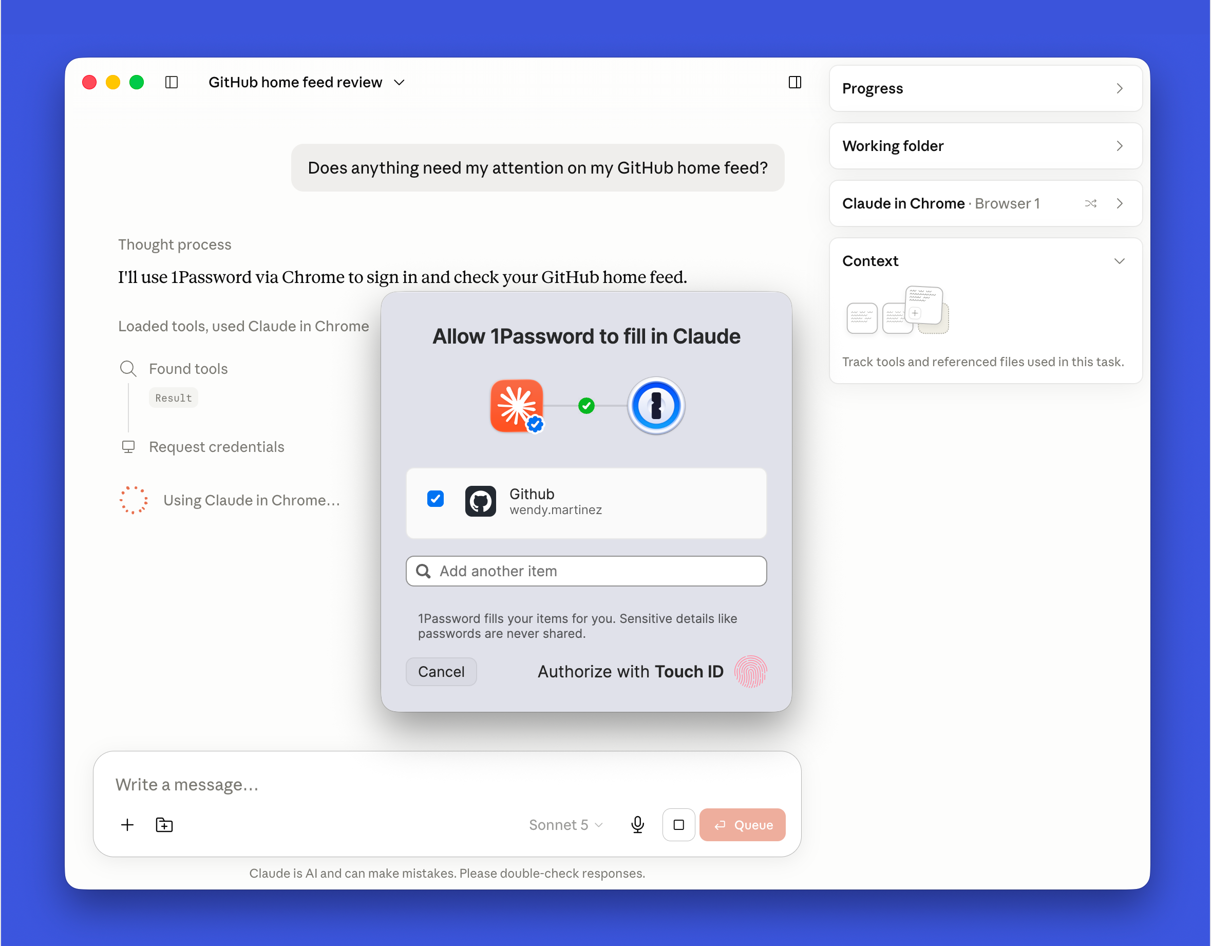 1Password Claude peut se connecter a des sites sans